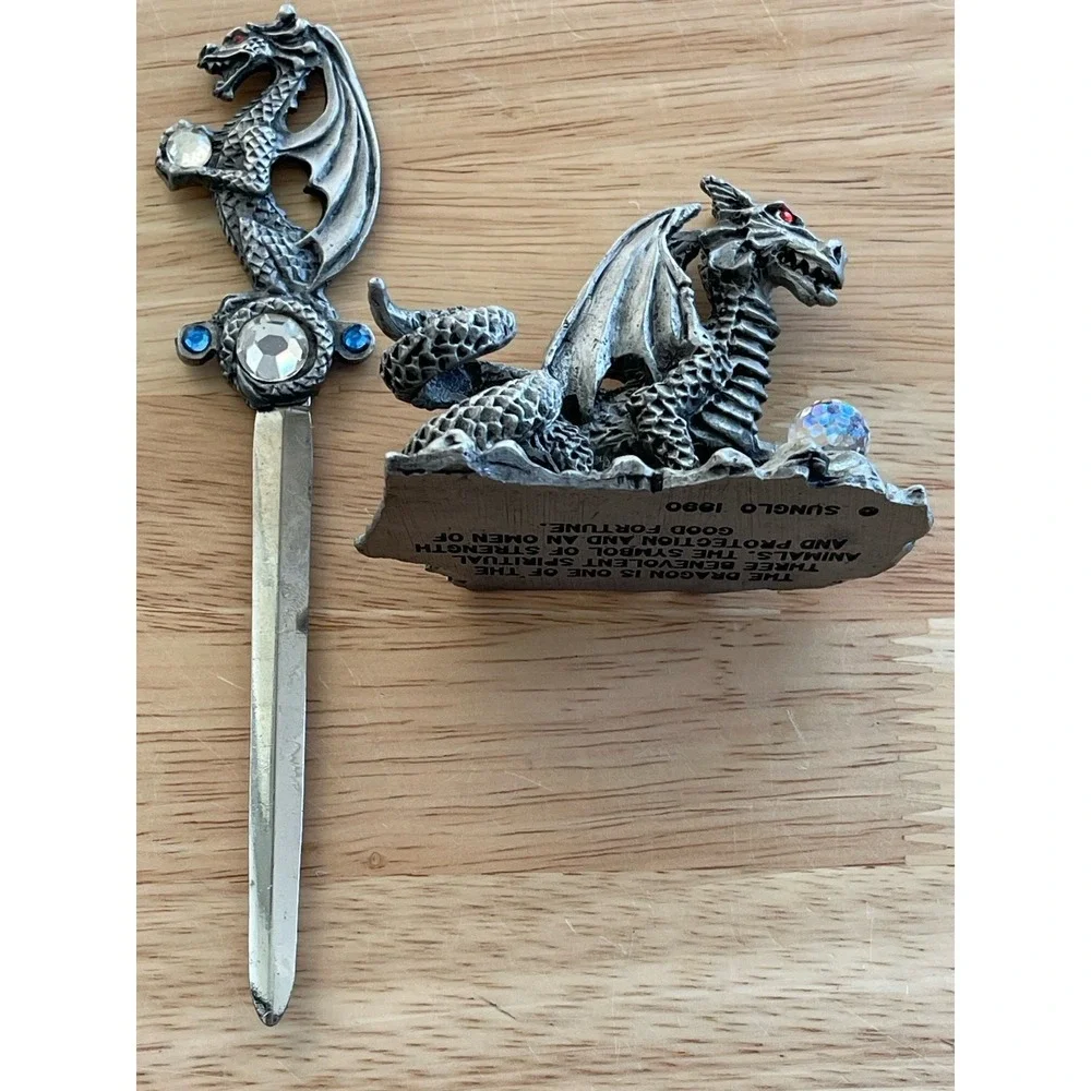 Sunglo 1990 Metal Dragon Letter Opener And‎ Holder With Rhinestones